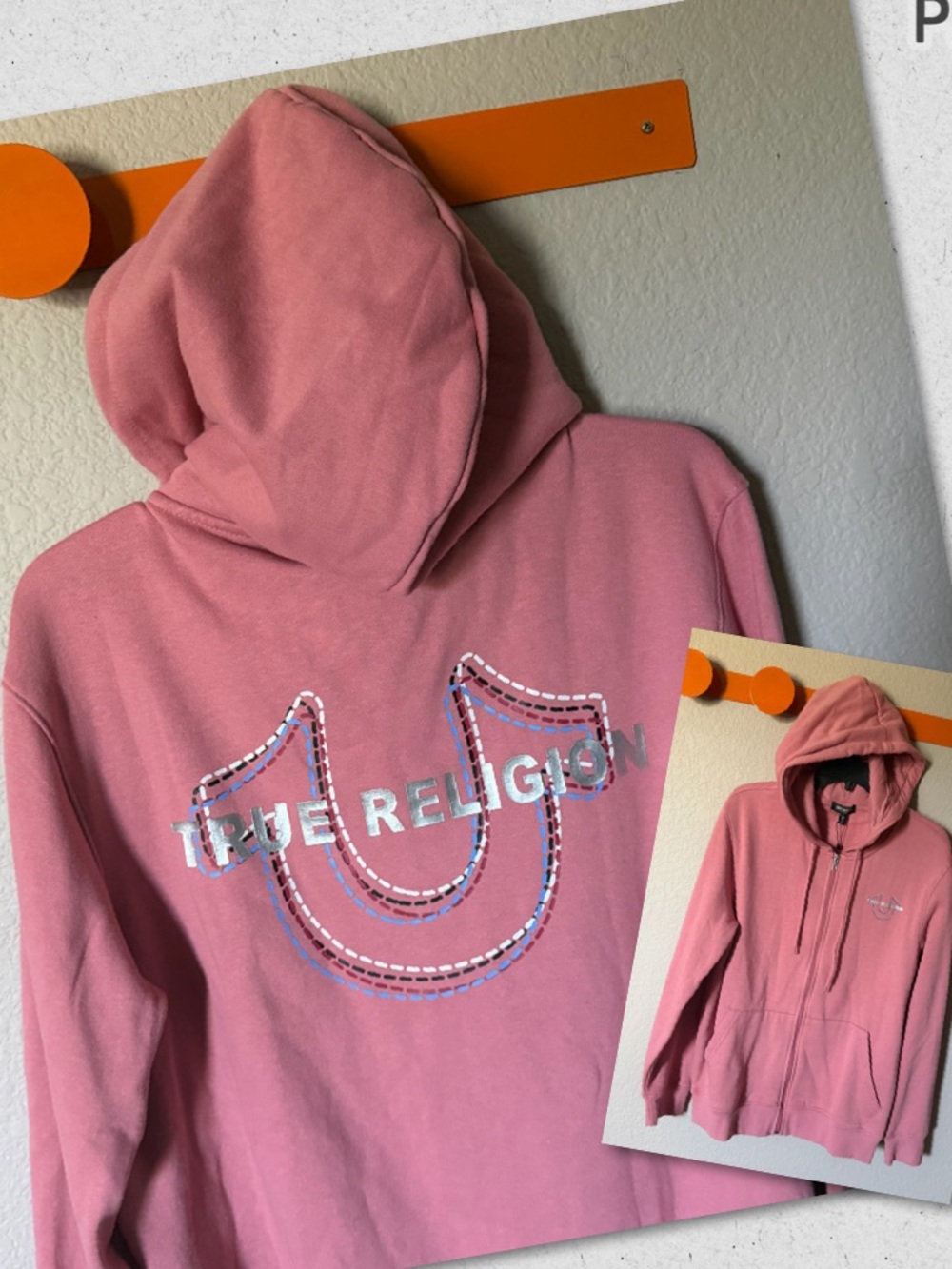 TRUE RELIGION Mens Medium Zip Up Hoodie Pink Brandied Apricot Pockets NWT $118